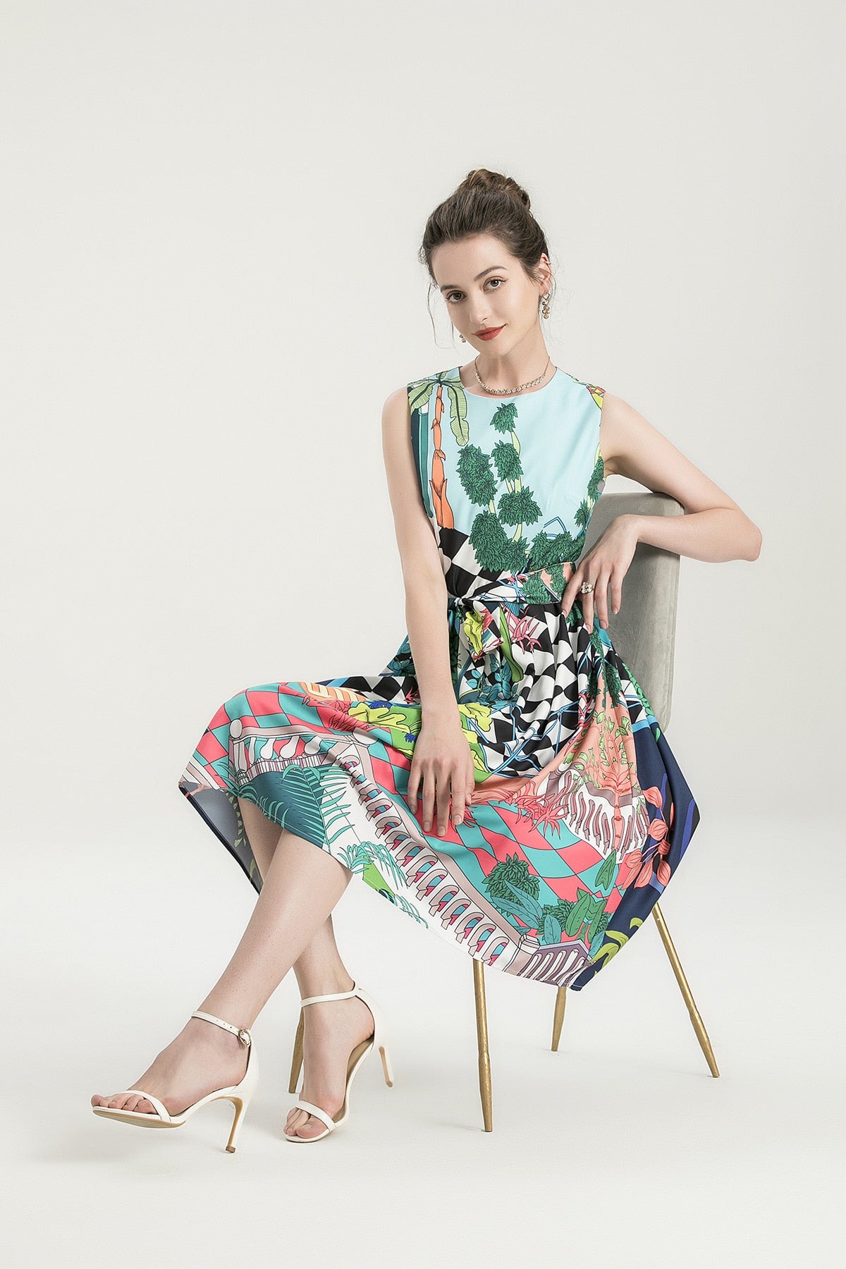 Tingfly Women Summer Sleeveless Tropical Floral Print A Line Knee Length Dress Lady Casual Street Runway Fashion Dress