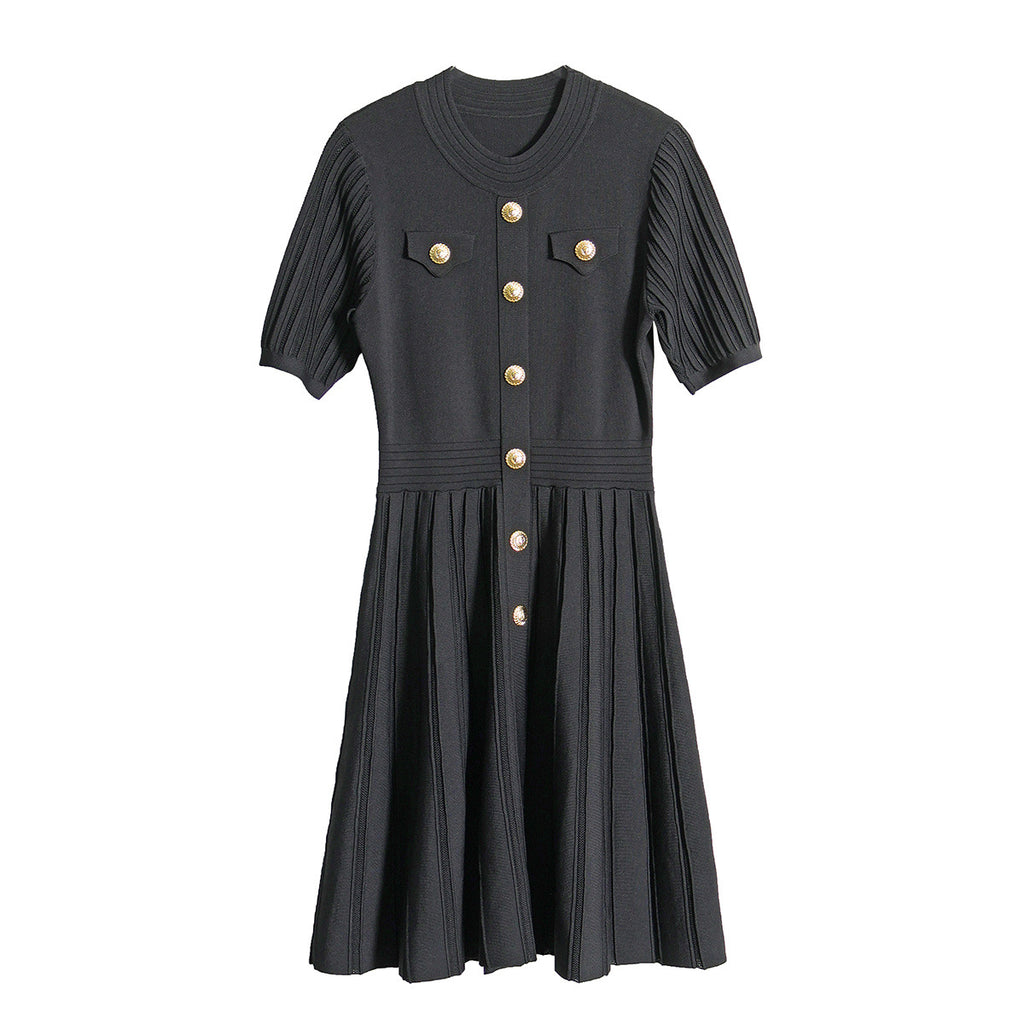 Summer new style small fragrant dress with French temperament niche design pocket curved bead knitted skirt