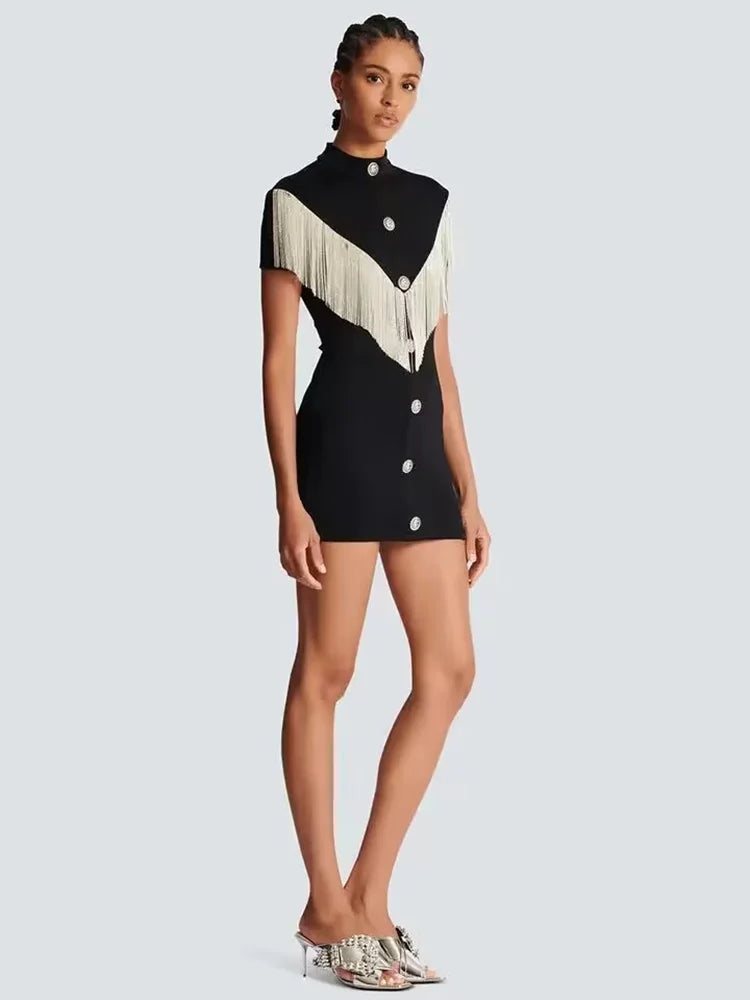 Summer Fashion Women's Black Sexy Button Tassel Short Sleeved O-Neck Decorative Bandage Mini Dress Bodycon Celebrity Dress
