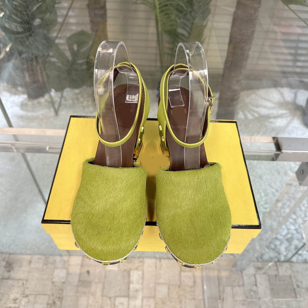 High Quality Round toe Chunky High Heel Sandals Women Platform Thick Sole Real Leather Rome Pumps Summer Fashion Week Fur Shoes