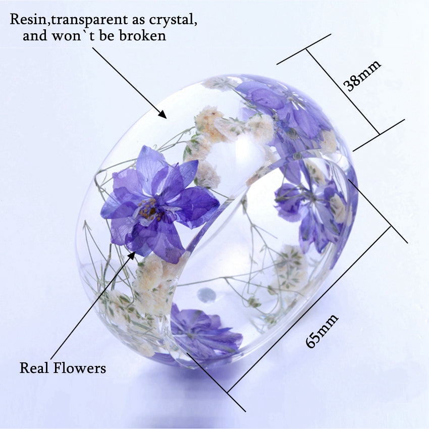 Trendy Resin Bangles Transparent Purple Flowers Crystal Bangle Bracelet for Women Pulseras Mujer Natural Summer Jewelry