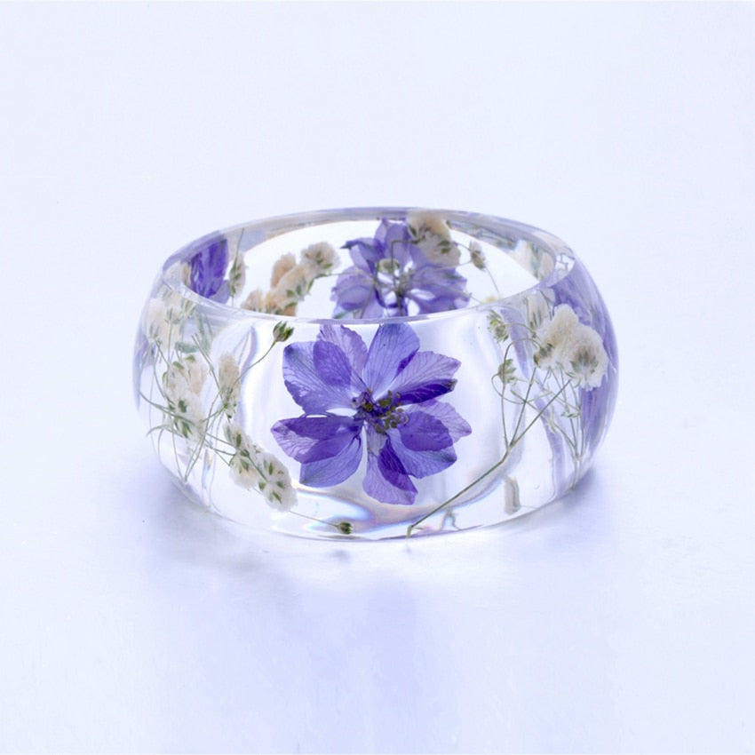 Trendy Resin Bangles Transparent Purple Flowers Crystal Bangle Bracelet for Women Pulseras Mujer Natural Summer Jewelry