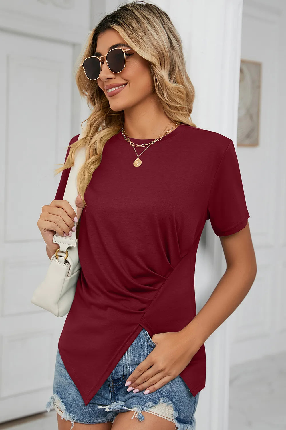Summer round neck slit irregular pleated women's T-shirt