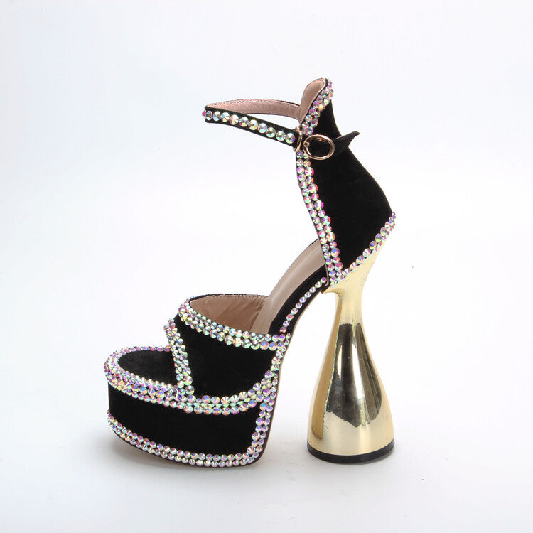 Summer 15cm Super High Heel Full Diamond Open Toe Sandals Banquet Performance Thick Heel Waterproof Platform Rhinestone Women's Shoes
