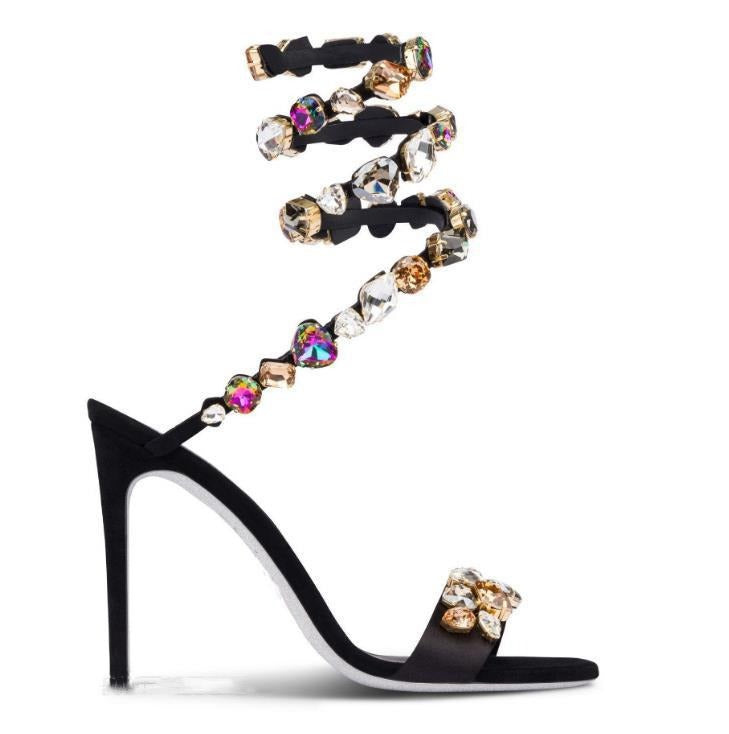 Summer Woman Ankle Wrap Crystal Sandals Sexy Peep Toe Stiletto Heels