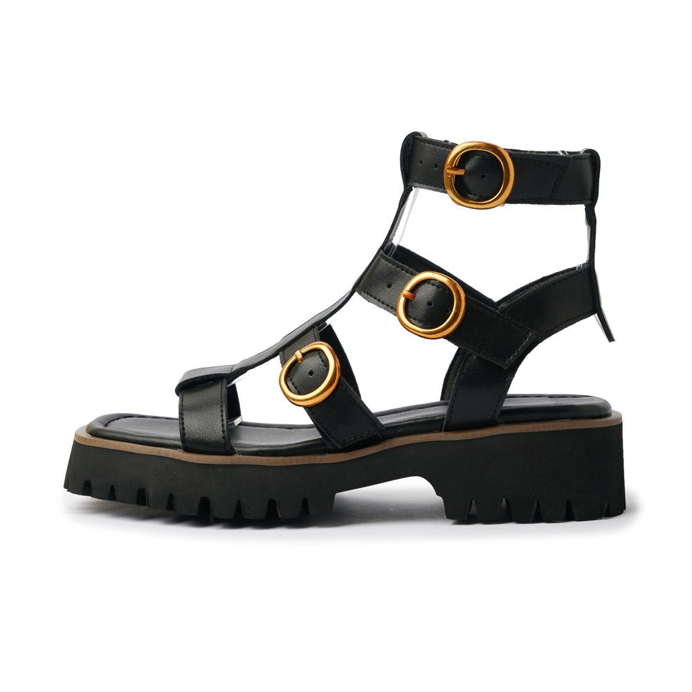 thick heels shoes woman platform sandals female buckle summer dress shoes real leather ankle boots ladies roman beach sandals