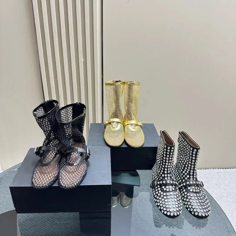 Summer New Mesh Hollow Women's Flat Bottom Short Boots Fashion Round Head Back Zipper Sexy Large Women's Boots