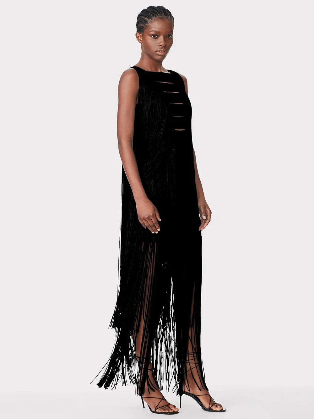New Summer Women'S Sleeveless O-Neck Tassels Tight Long Bandage Dress Elegant Sexy Cut-Out Party Evening Maxi Dress