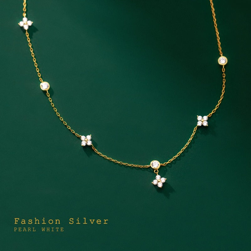 S925 Silver Summer Temperament Diamond Four Leaf Flower Necklace Retro Korean Female Clavicle Chain