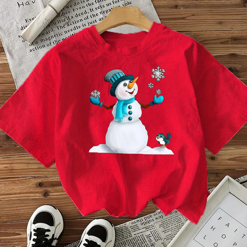 Snowman Cotton Women's Short Sleeve Fashion Style Top American Christmas New Arrival