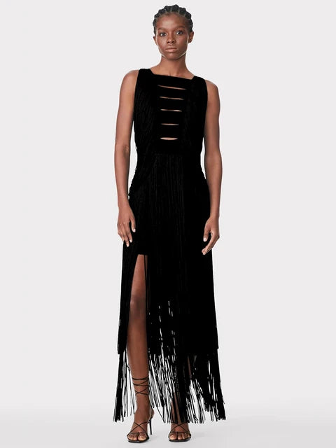 New Summer Women'S Sleeveless O-Neck Tassels Tight Long Bandage Dress Elegant Sexy Cut-Out Party Evening Maxi Dress