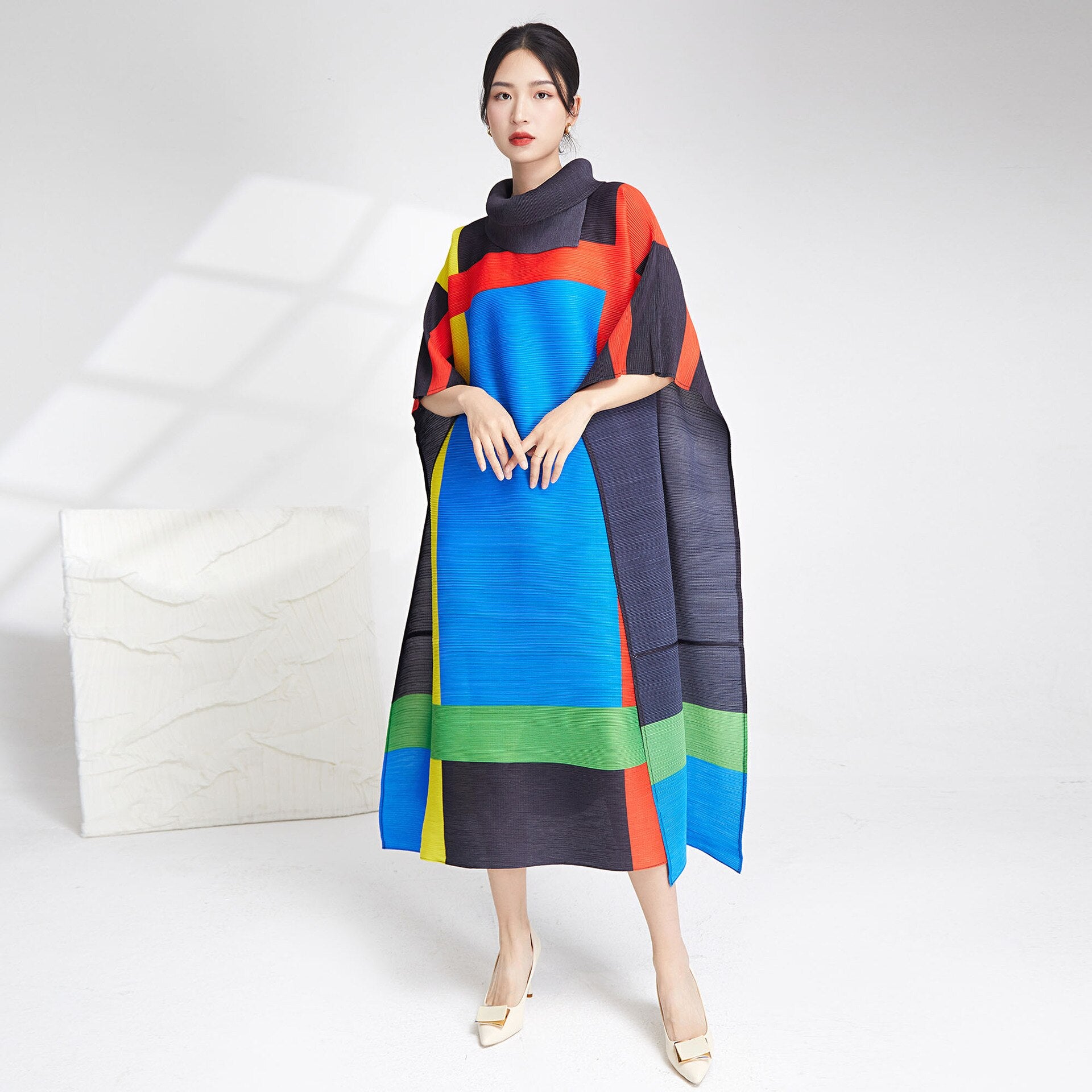 XITAO Fashion Folds Dress Turtleneck Contrast Color Splicing Bat Wing Sleeve Pullover Dress Temperament Summer New SMH1781
