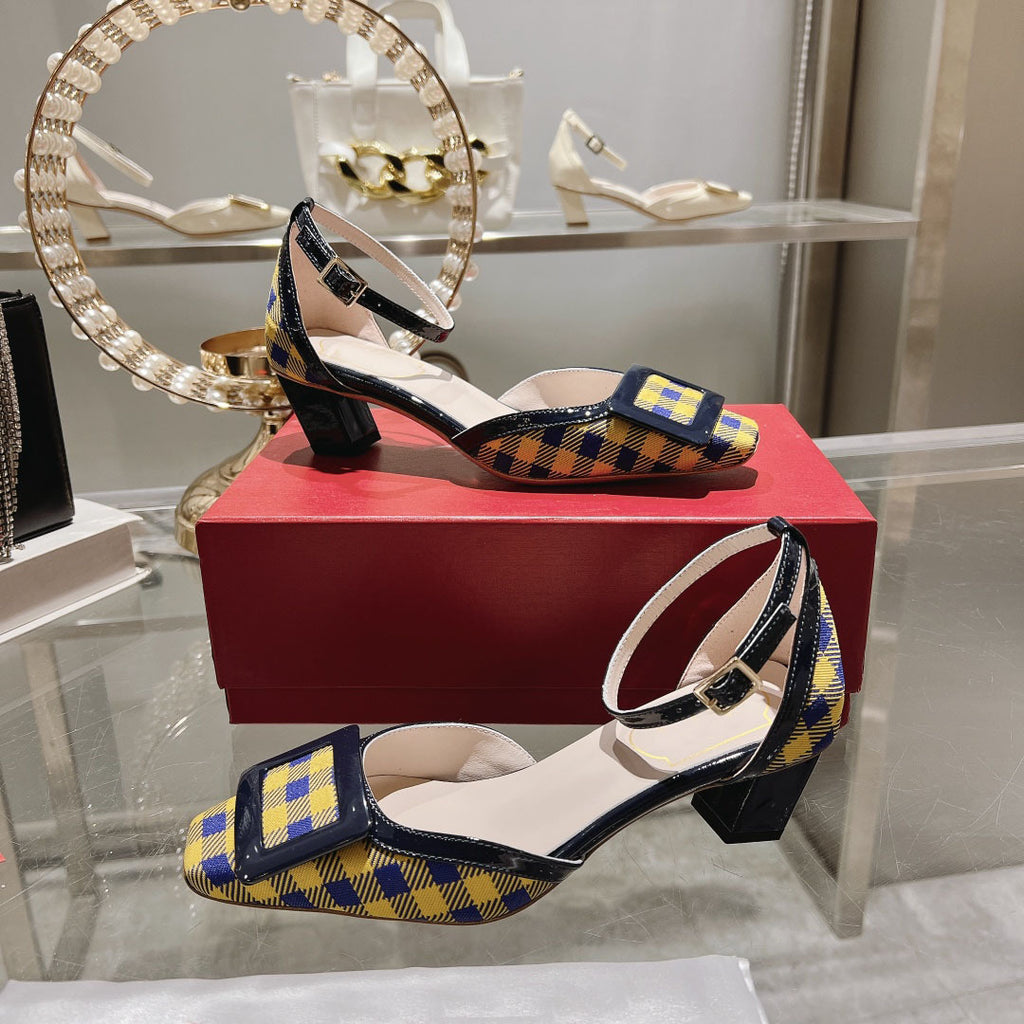 Runway Square Buckle Pumps Women Summer New Slingback Shallow High Heel Sandals Sexy Formal Banquet Mix Color Sandals Mujer