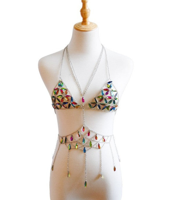 Queen Bling Metal Tassel Details Tank Tops Festival Rave Clothing Summer Sexy Backless Rave Body Chain Beach Tops