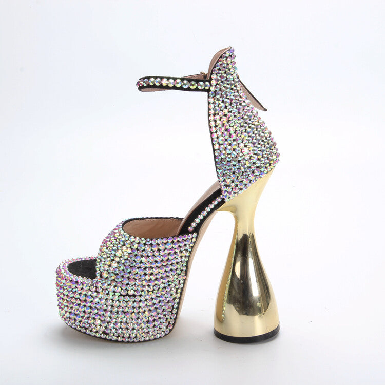 Summer 15cm Super High Heel Full Diamond Open Toe Sandals Banquet Performance Thick Heel Waterproof Platform Rhinestone Women's Shoes