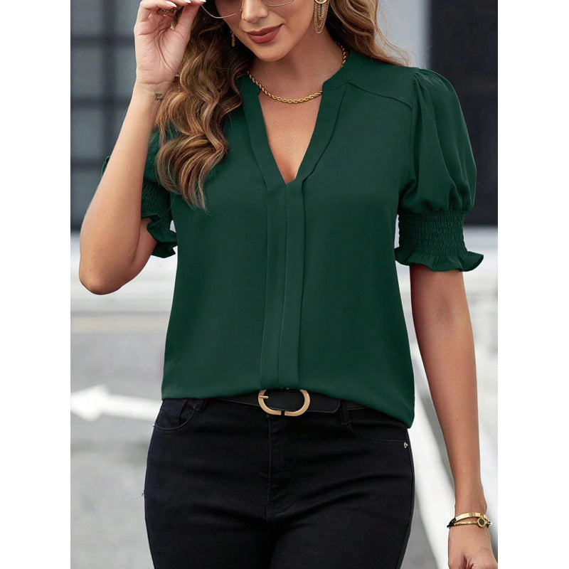 Women's summer new collar style bubble sleeves solid color shirt women's top