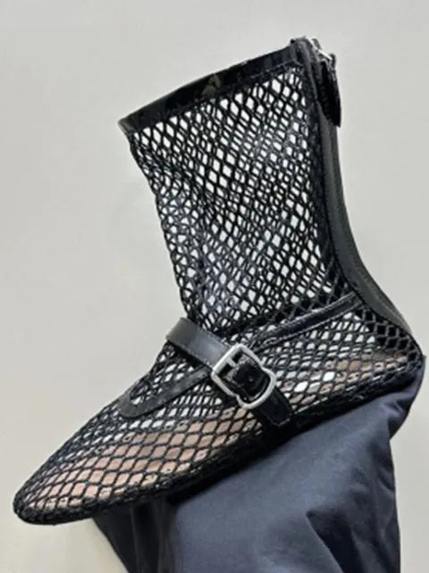 Summer New Mesh Hollow Women's Flat Bottom Short Boots Fashion Round Head Back Zipper Sexy Large Women's Boots
