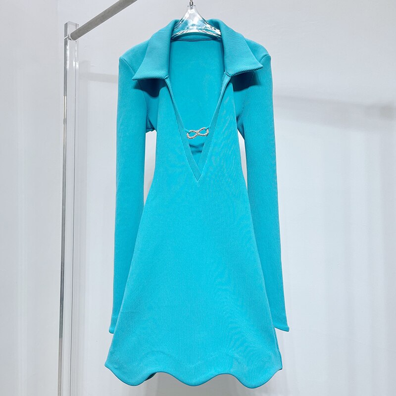 y2k summer small lapel deep V-neck rhinestone long sleeve women dress