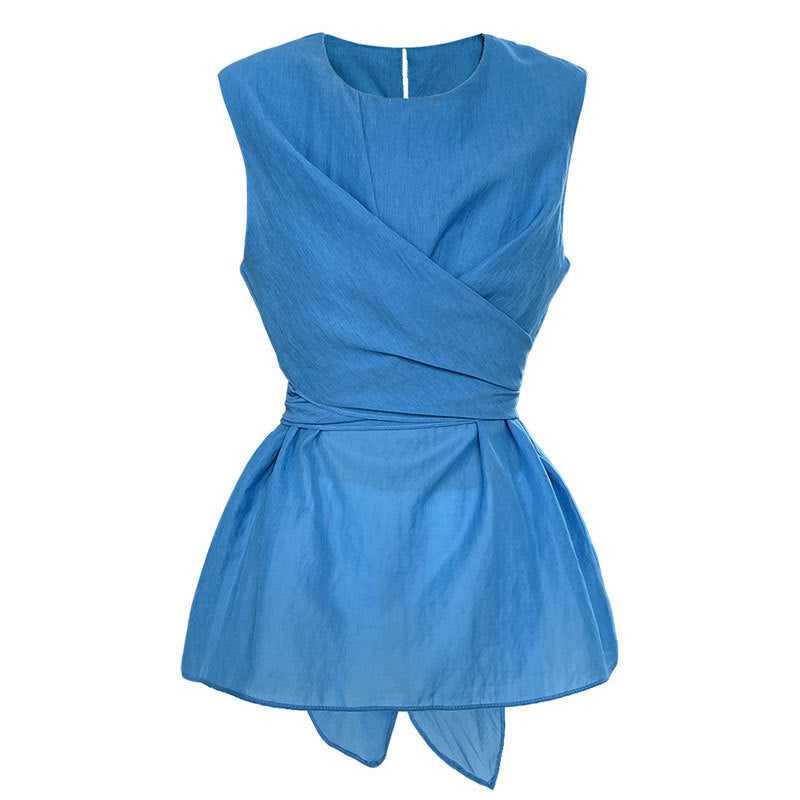 Twisted strap waist cinching short sleeved top for summer versatile and slim looking shirt