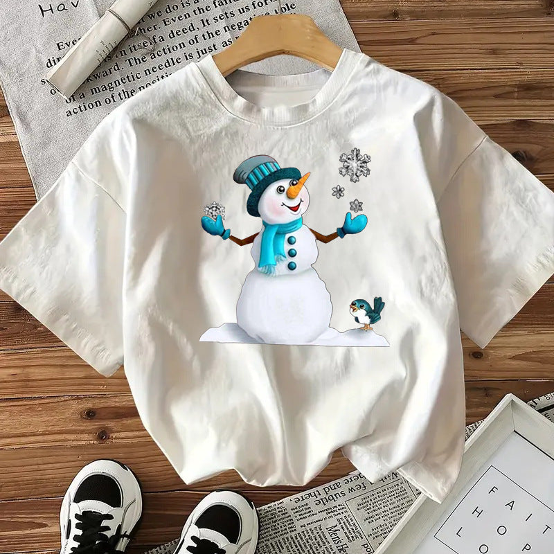 Snowman Cotton Women's Short Sleeve Fashion Style Top American Christmas New Arrival